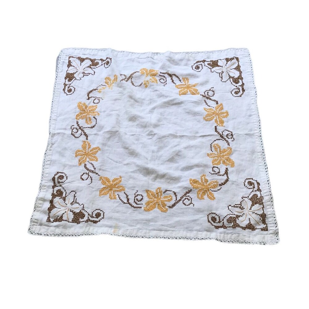 Vtg. Linen Table/Dresser Scarf Embroidered Cross Stitched Flowers White Yellow